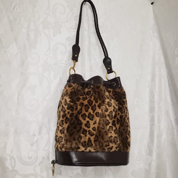 Tianni Women's Brown & Tan Faux Fur Leopard Print Shoulder Bag Purse Bucket Bag - Picture 1 of 8
